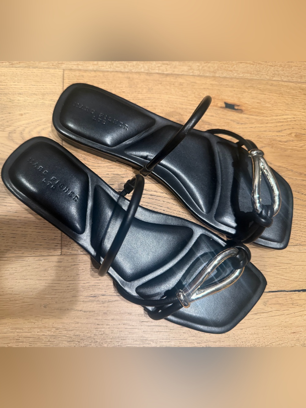 Marc Fisher Black Strappy Slide Sandals with Silver Accent